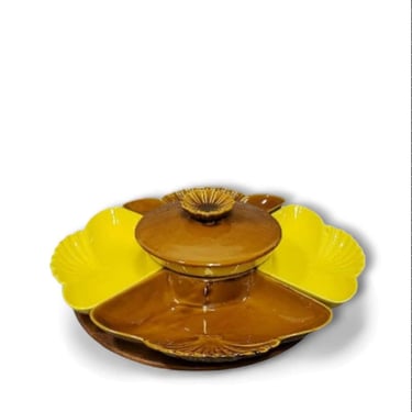 1960s 1970s Vintage Ceramic Lazy Susan, Party Serving Dish, Mid Century Modern, California Pottery Brown & Yellow Server, Vintage Kitchen 