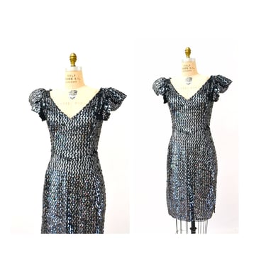 80s Glam Sequin Dress Silver Black Medium Large Body Con Knit Dress // 80s Prom Party Vintage Metallic Sequin Dress Drag Queen Pageant 