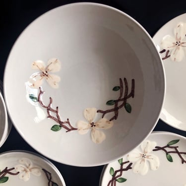 1930's Orchard Ware LARGE BOWL 8" Dogwood Print Gray & White Floral Vintage Art Deco Calif Pottery Dishes Plates 