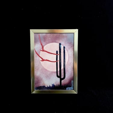 Vintage Enamel on Copper Plaque Painting by Mexican Artist: Domingo Block Enameled Copper Painting Desert Cactus & Birds Scene 