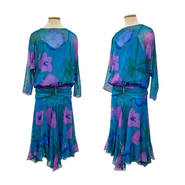 Vtg Vintage 1980s 80s 1920s 20s Art Deco Jewel Tone Rhinestone Drop Waist Dress 