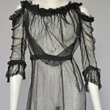 antique Victorian black net dress with cold shoulders XS 