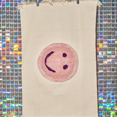 Tufted Happy Face Wall Tapestry Rug blush pink neutral 