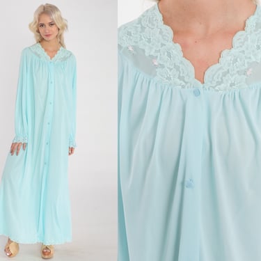 Blue Pajama Robe 70s Lingerie Bed Jacket Lace Trim Long Sleeve Maxi Nightgown Button up Nightie Pinup Boudoir Lounge Vintage 1970s Medium M 