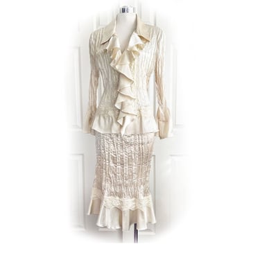 Vintage Ivory Satin Silk Robbie Bee Skirt & Blouse Dress SET Ruffles Wedding 1980s Romantic Suit Bridal 