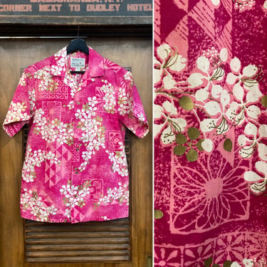 Vintage 1960’s -Deadstock- “Shaheen’s” Pink Tiki Floral Cotton Hawaiian, Loop Collar, Matching Pocket, 60’s Vintage Clothing 