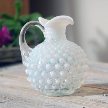 Vintage white hobnail vase / vintage milk glass hobnail pitcher / glass ruffle edge milk glass vase with handle / shabby chic / cottagecore 