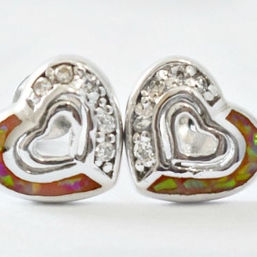 Dainty 60's sterling fire opal & crystal heart in heart studs, 925 silver bling post earrings 