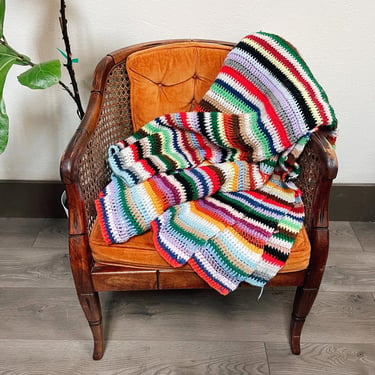 Vintage Handmade Miss-Match Color Striped Blanket 79" x 67" | Knit, Crochet, Afghan, Oversized, 1970s, Retro, Funky, Comfy, Unique 