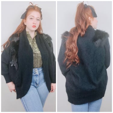 1980s Vintage Belldini Black Angora Long Line Cardigan / 80s / Eighties Fur Puffed Shoulder Knit Sweater Jacket / Large 