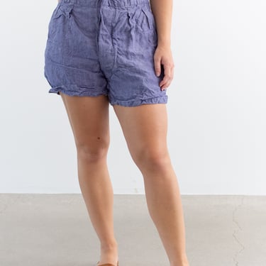 Vintage 31 Waist Blue French Linen Shorts | 50s High Rise Button Fly France | 
