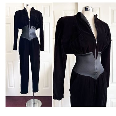1970's Black Velvet DISCO Catsuit Vintage Jumpsuit Pant Suit Corset Waist Suit Playsuit Evening Party Dress Bodysuit 