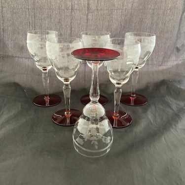 Set of 2 Art Deco Floral Etched Crystal 4 OZ Cordial Glasses, Red Base Foot, Small Wine Goblet, Weston, Mid Century Modern Sherry Port Amaro 