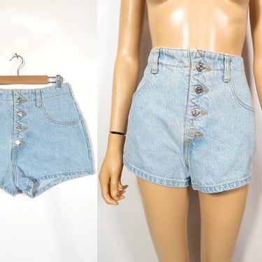 Vintage 90s Button Fly Lightwash Denim Shorts Made In USA Size 28 Waist 