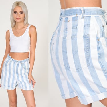 Striped Jean Shorts 90s Blue White Shorts Cuffed Denim Shorts High Waisted Shorts 1990s Vintage Retro Summer Jeans Small 26 