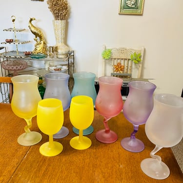 Vintage Stemware 1980s Wine Glasses Zigzag Stems Pastel Colors 