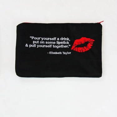 Embroidered Quotes Wallet Coin Make-up Pouch 9" x 6" - Red LIps 