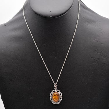 60's Art Deco amber marcasite NVH 925 silver pendant, ornate Italy sterling rope chain necklace 