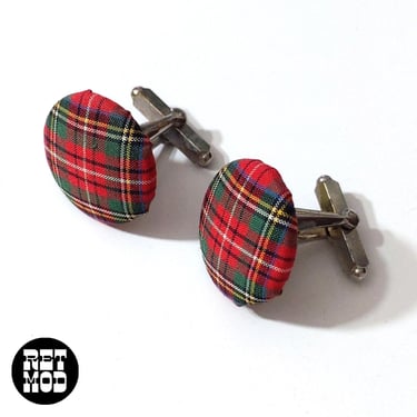 Festive Vintage 50s 60s 70s Red Green Plaid Fabric Round Cuff Links 