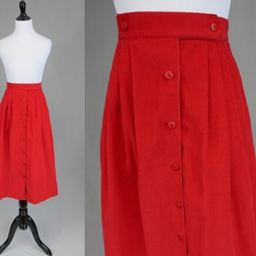 80s Red Corduroy Skirt - 24" 25" waist - Pleated - Buttons down front - Ashley Petites - Vintage 1980s 