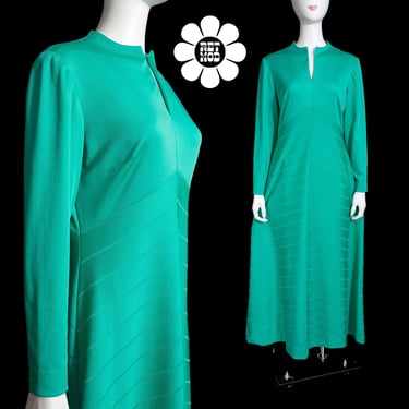 Interesting Vintage 60s 70s Dark Mint Green Long Sleeve Maxi Dress by Leslie Fay 