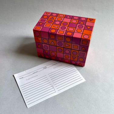 Vintage Metal Recipe or Index Card Storage Box - Pink Orange Purple, Groovy Geometric pattern, Square Circle Triangle, Organizer, Syndicate 