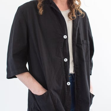 Vintage Black Half Sleeve Chore Shirt Jacket | Mended Cotton French Workwear Style Utility | 50s | M 