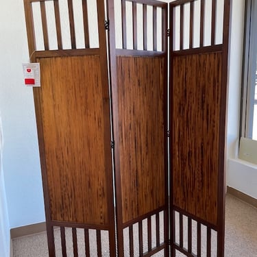Three Panel Screen<br />Brown Wood and Reed<br />W 54″ x H 70″<br />$200.00
