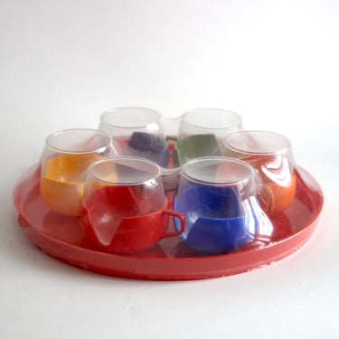Set of 6 glass tumblers with plastic handles and plastic tray. Made in West Germany - 60s / 70s 