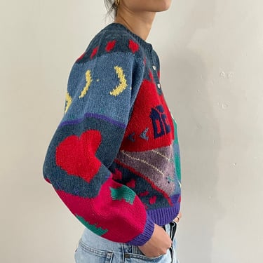 80s handknit wool sweater / vintage soft blue wool hand knit patchwork quilt fair isle yoke henley red heart sampler sweater | Large 