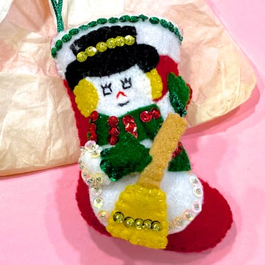 VINTAGE: Felt Beaded Sequin Snowman Stocking Ornament - Pillow Ornament - Christmas - Holidays - Pillow Ornament 