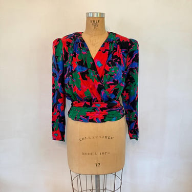 Brightly Colored Silk Surplice Blouse - 1980s 