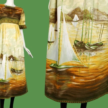 Novelty impressionism dress from the 60s or 70s. Paisley ruffles princess empire. Sailboats fantasy art textiles brush strokes. Groovy. 