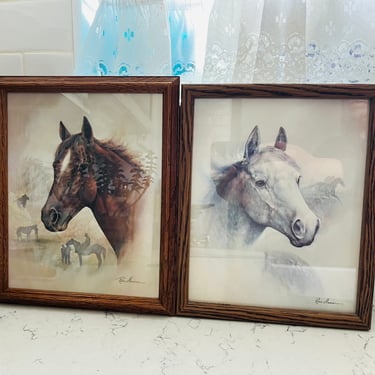 One set of Vintage 1992 Ruane Manning White /Brown Horse Lithograph Prints Framed Artwork by LeChalet