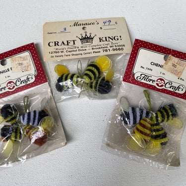 Vintage Chenille Bees NOS Set Of 3 Packages, Crafting Bees, Craft Supplies, Googly Eyes, Net Wings, Bee Hive, Bee Picks, Floral Arrangements 