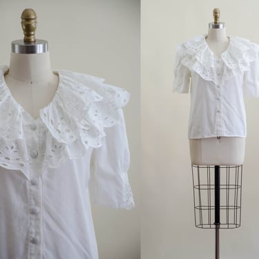 white ruffled collar blouse | 80s vintage dramatic eyelet lace collar puff sleeve Victorian antique style light academia clothing 