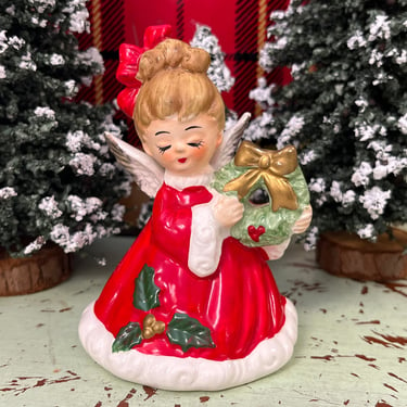 Josef Originals angel Christmas bell vintage 1950s angel with wreath ceramic figurine 