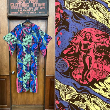 Vintage 1940’s Original “Kamehameha” Guaguin Woodcut Rayon Pake Muu Batwing Sleeve Hawaiian Dress, Pake Muu, Hawaiian Dress, Batwing Sleeve, 