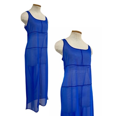 Vtg Vintage 1990s 90s La Blanca Mesh Coverup Sheer Cobalt Patchwork Maxi Dress 