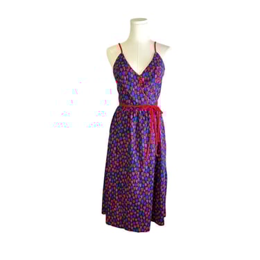 Vintage Lanz 70s Original Tulip Floral Print Sweetheart V-Neck Red Navy Wrap Sun Dress 