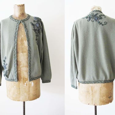 Vintage 50s Beaded Lambswool Cardigan M  - 1950s Sage Green Womens Button Up Cardigan Sweater - Rockabilly Pin Up Sweater 