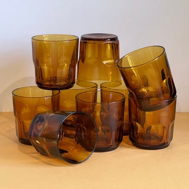 Vintage MCM Amber Glass Low Ball Tumblers Set of Four Whiskey/Cocktail Glasses Honey Gold Glasses with Arch/Large Thumbprint Design 