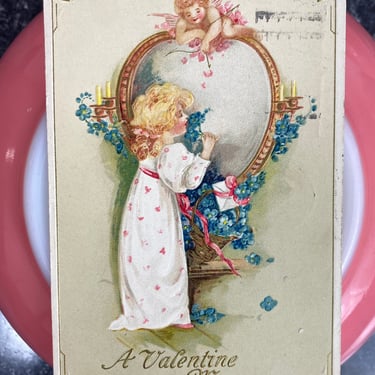 1913 Valentine Post card  “A valentine message” by John Wensch 1913 Cupid with arrow blonde girl in pajamas with mirror gold embossed hearts 