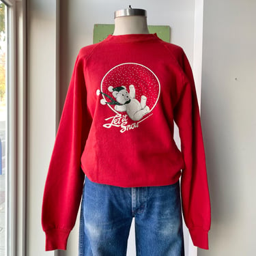 Vintage 1980s Christmas Raglan Pullover / Vintage Teddy Bear Let it Snow Pullover Sweatshirt / 80s Christmas Sweatshirt Large 