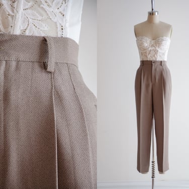 high waisted pants | 90s vintage Harris Wallace taupe brown speckled pleated dark academia trousers 