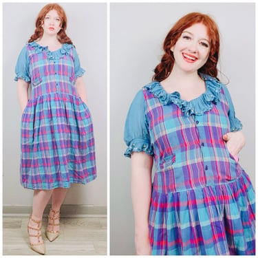 1980s Vintage Pink and Blue Plaid Pinafore Dress / 80s / Eighties Smock Cotton Tank Dress / Size Large - XL 