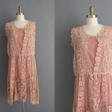Vintage 1920s French Filet Floral Lace Tulle Antique Wedding Dress | 1920s vintage dress | Medium 