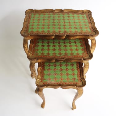 Vintage Italian Florentine Set Floral Nesting Tables Gold Green Red Hollywood Regency Wood Stacking Additional Tables Side Tables 1960s 