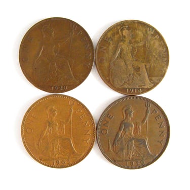 Vintage Authentic British One Penny Lot of Four Circulated Coins from 1914, 1920, 1939 and 1963 with George V George VI Bronze 