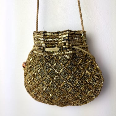 Vtg Sparkly gold sequin beaded evening purse~ long strap cinching boho bag~ satin with shiny gold~ versatile casual dressy accessory 